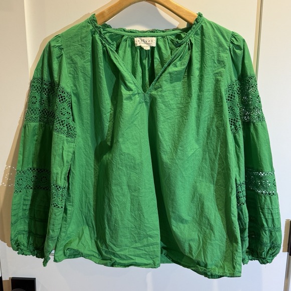 Velvet Anthropologie Green Long Sleeve Cotton Top Boho Detailed Size Med - Picture 2 of 4